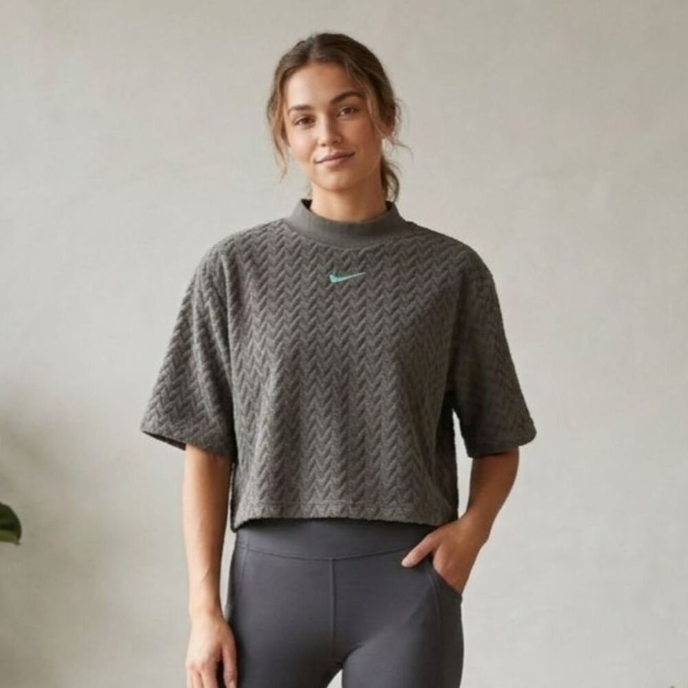 Nike Sportswear Everyday Jacquard Boxy Top Mock Neck Crop Gray Teal Women Small